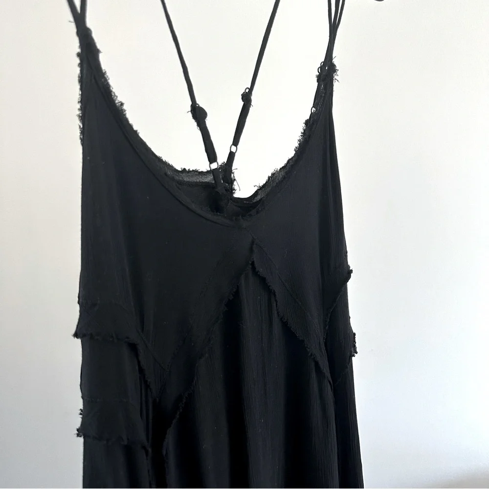 Black Flowy Layered Mini Dress Asymmetrical Hem Double Cross Back Straps Small - Picture 9 of 12